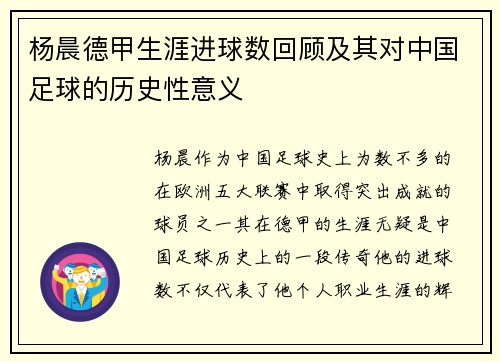 杨晨德甲生涯进球数回顾及其对中国足球的历史性意义
